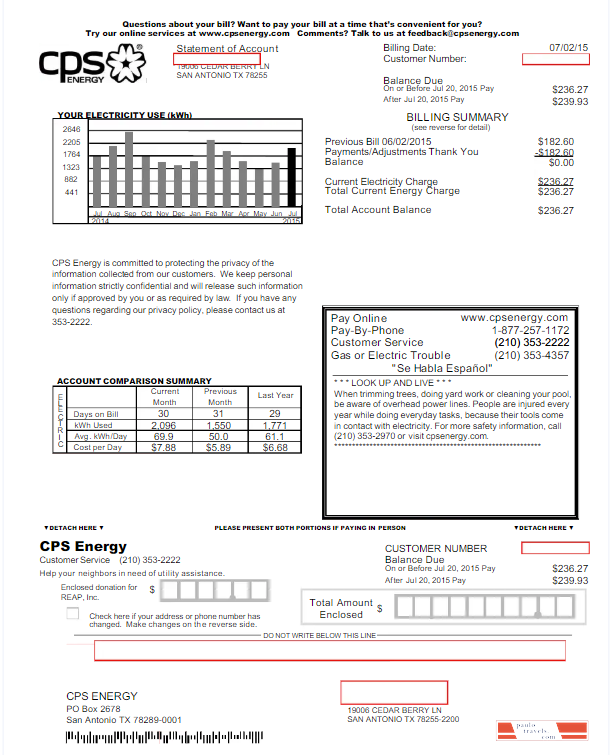 USA CPS ENERGY utility bill Word and PDF template